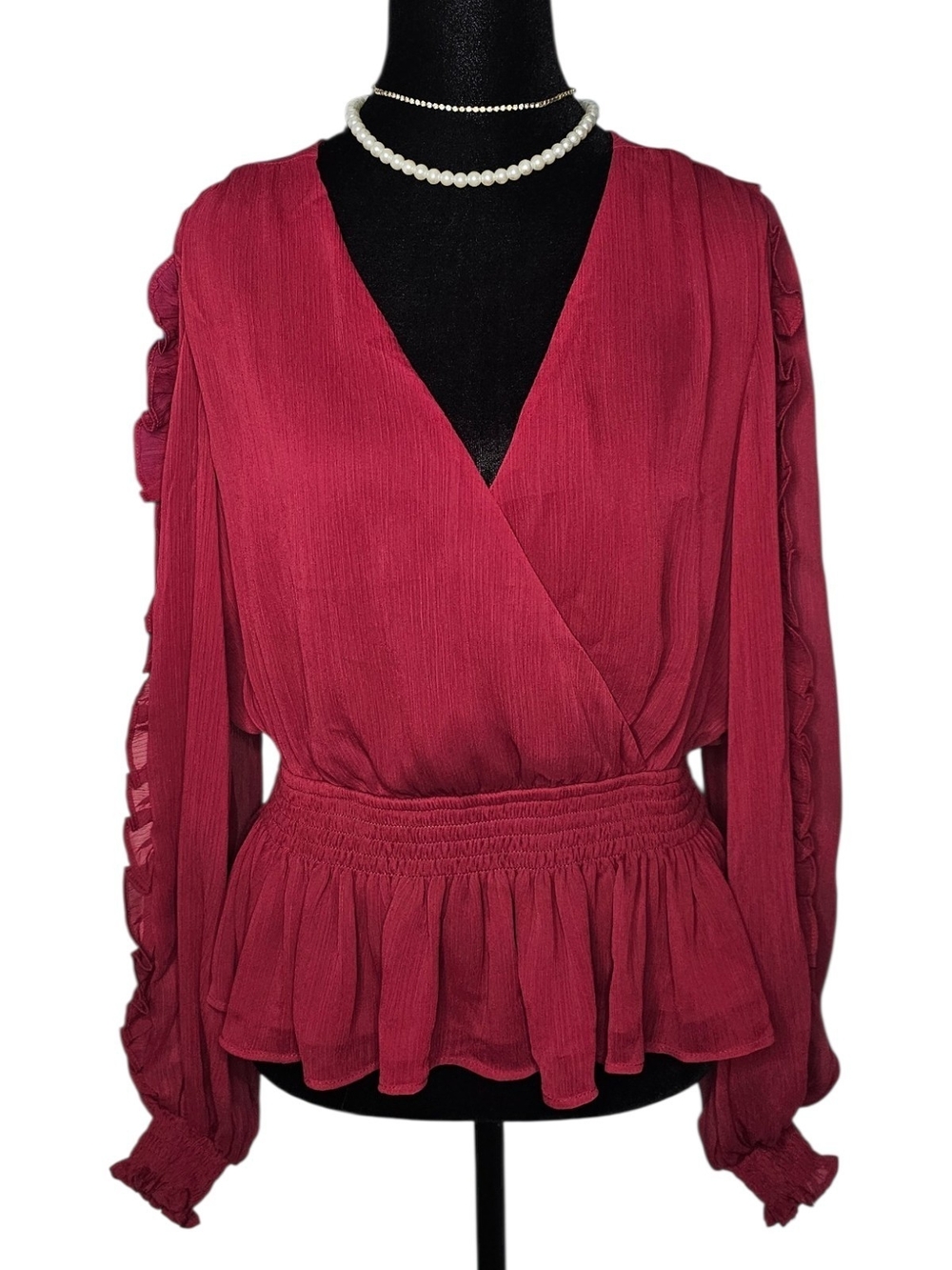 Express Wine Red Wrap V-Neck Smocked Peplum Top M Ruffle Long Sleeves
